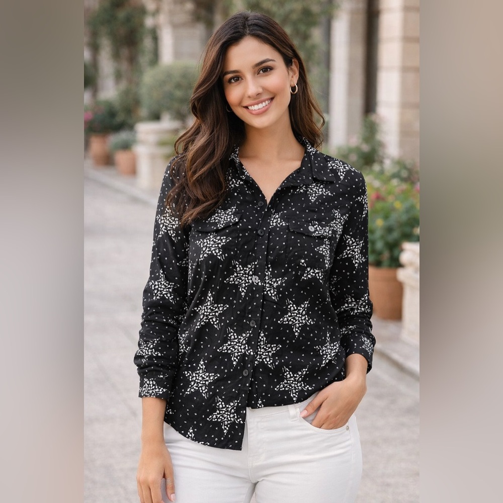 Karl Lagerfeld Black Star-Print Roll Tab Button-Down Shirt Blouse M